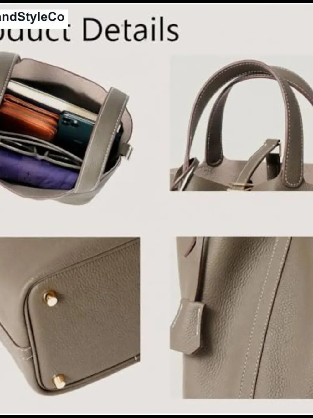Genuine Leather Bucket Bag Satchel Handbag Detachable Pouch Gold-Tone Lock